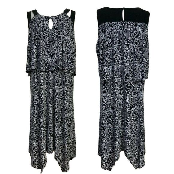 Rafaella Abstract Floral Flowy Dress 3X Black White Pullover Longer Sides NEW - Picture 1 of 8